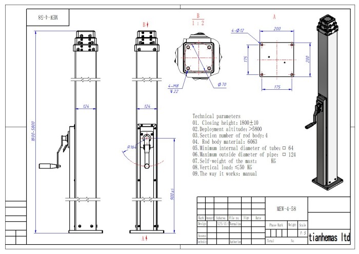 Square Tubing Manual Mechanical Mast